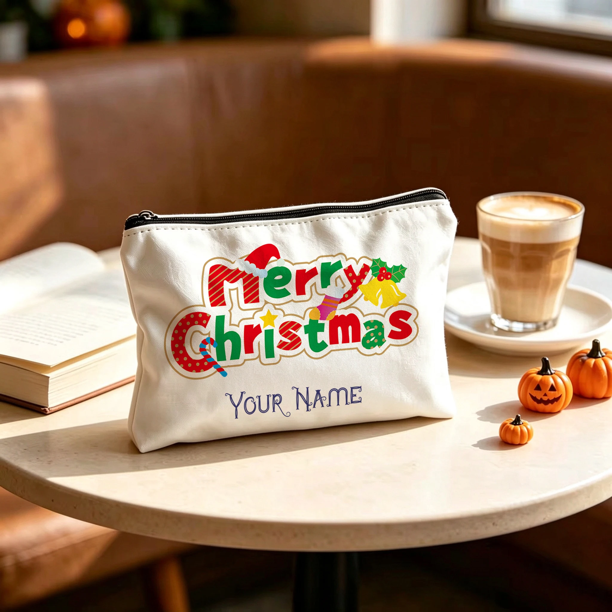 Personalized Christmas Makeup Bag Custom Name Cosmetic Pouch with Inner Lining for Women Portable Travel Toiletry Bag Xmas Gifts