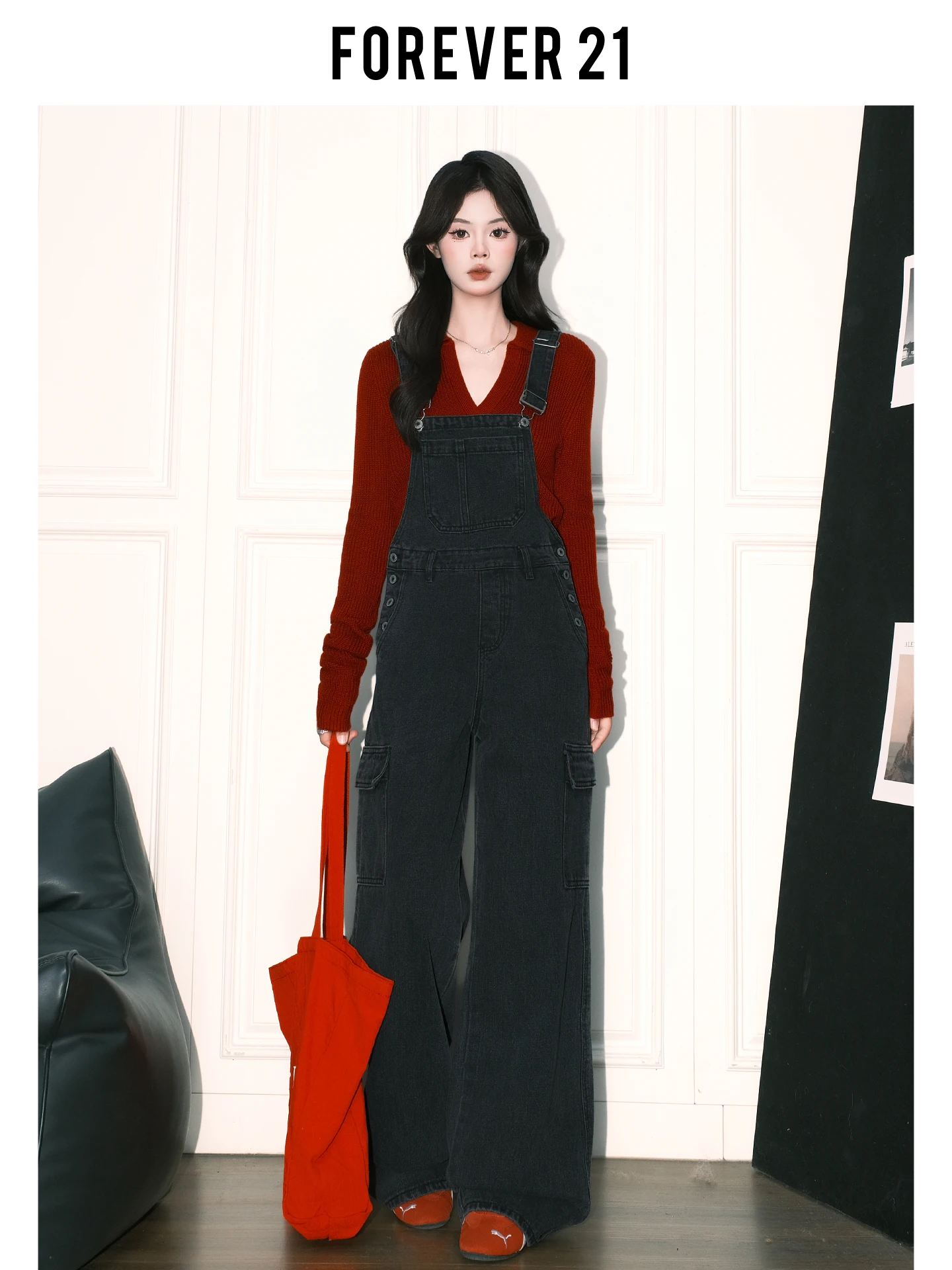 

Forever 2 Retro Bla Loose Wide Leg Denim Overalls Women's High Waist American Sle Agel Straight Cut One-Piece Pants