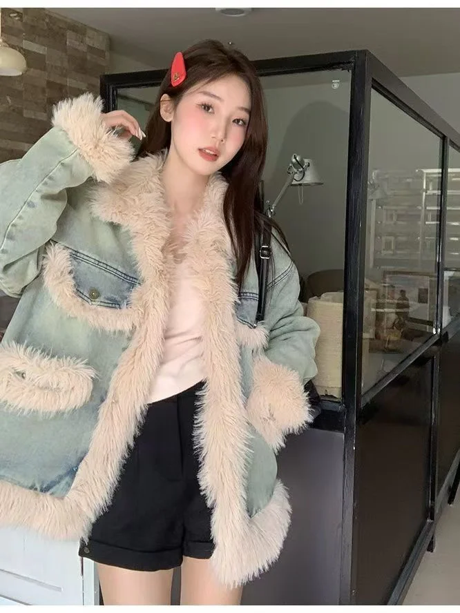 Damska zimowa kurtka dżinsowa z dodatkowymi elementami, ocieplana bawełną, w stylu retro, modna, luźna, uniwersalna, odmładzająca, z długim rękawem.