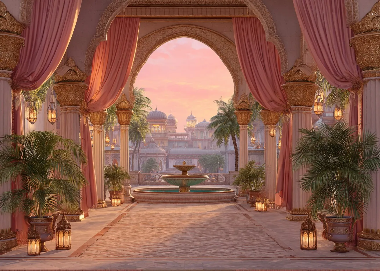 

Фон для фотостудии: Золотые арки, розовые занавески, центральный фонтан, фон в стиле арабского дворца принцессы