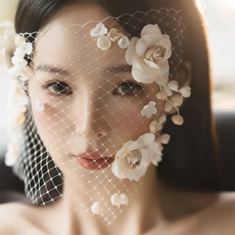Elegant Bridal Flower Mesh Headwear, New Face Cover-up Wedding Accessories