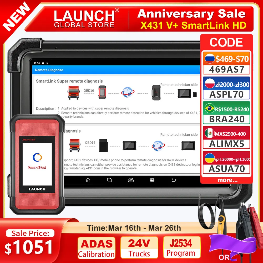 LAUNCH X431 V+ SmartLink HD Heavy Duty Truck Scanner AUTO OBD2 Scan CAN FD DOIP J2534 ADAS Diagnostic Tool