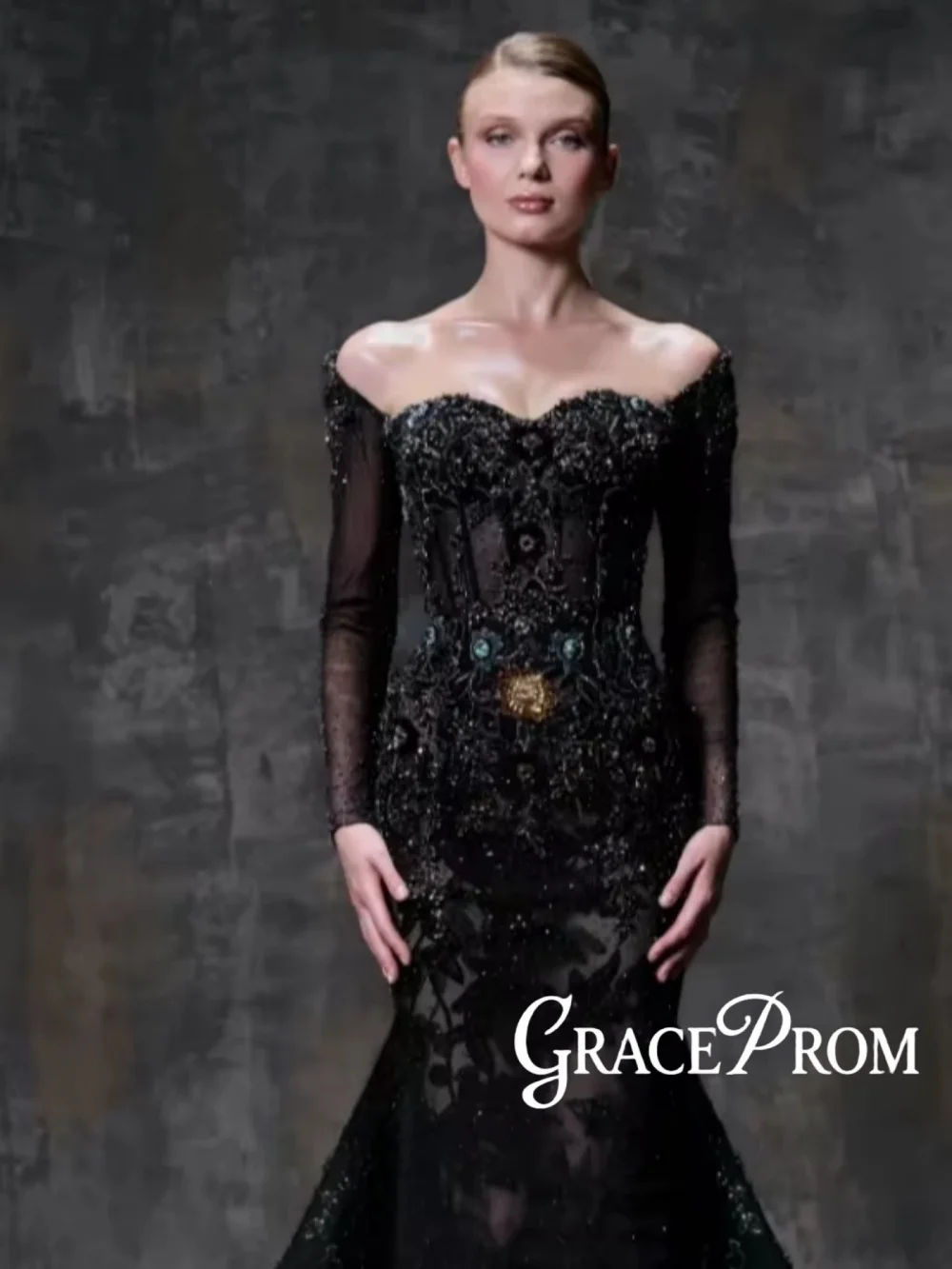 

Black Beaded Appliques Evening Dress Glamorous Off Shoulder Wedding Party Gowns Customized Luxurious Mermaid Long Banquet Gowns