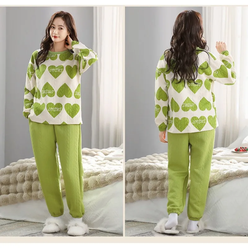 2024 New Air Cotton Pajamas Women's Long Sleeve Winter Sleepwear Thickened Plus Size Loungewear Set Round Collar Loose Homewear