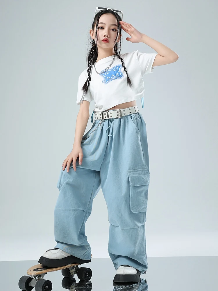 Nieuwe Meisjes Jazz Danskleding Witte Korte Tops Blauwe Cargobroek Hiphop Kids Kleding Kpop Performance Pak Rave Outfit Bl12535