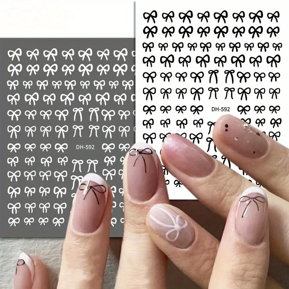 Calcomanías de manicura autoadhesivas 3D con lazo de línea blanca y negra para decoración de uñas, cinta bonita