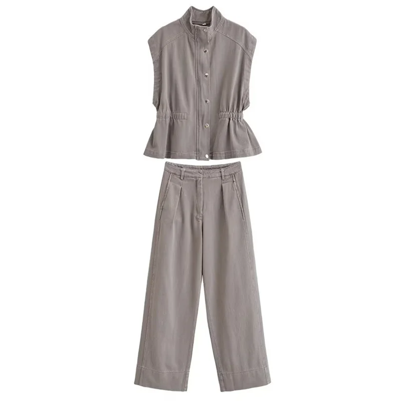 

Summer Women's Suit Denim Vest Jacket Top High Waisted Jeans 2026 Fashion Sleeveless Vest Top Wide Leg Pants 2-piece Set