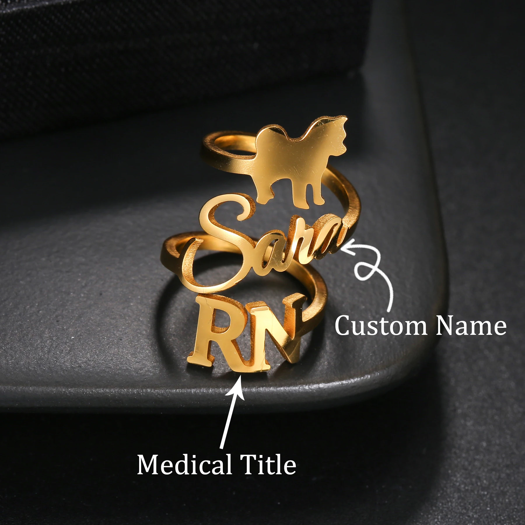 

Acheerup Personalized Name Medical Title Rings for Doctor Nurse Stainless Steel Custom Pet Shape Open Ring Jewelry Birthday Gift