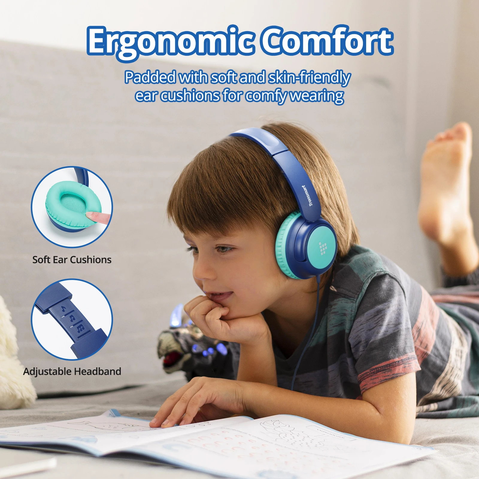 سماعات رأس سلكية للأطفال من Tronsmart KH01C مع حجم آمن 85 ديسيبل، سماعة رأس سلكية مريحة قابلة للطي وخالية من التشابك مقاس 3.5 ملم