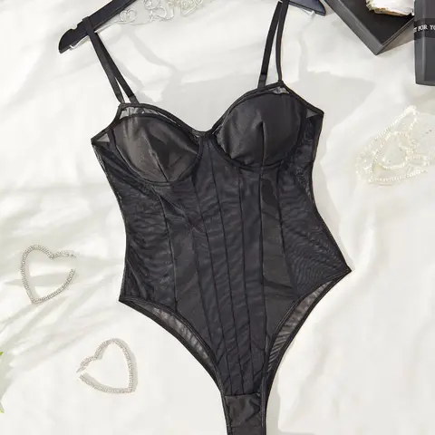 Body sexy Lingerie aderente da donna scollo a V profondo modellante spallacci regolabili rinforzati reggiseno imbottito morbido sexy