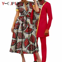 African Couple Matching Clothes Dashiki Women Print Dresses Bazin Riche Men Outfits 2 Pieces Suit Top and Pant Sets Y23C094
