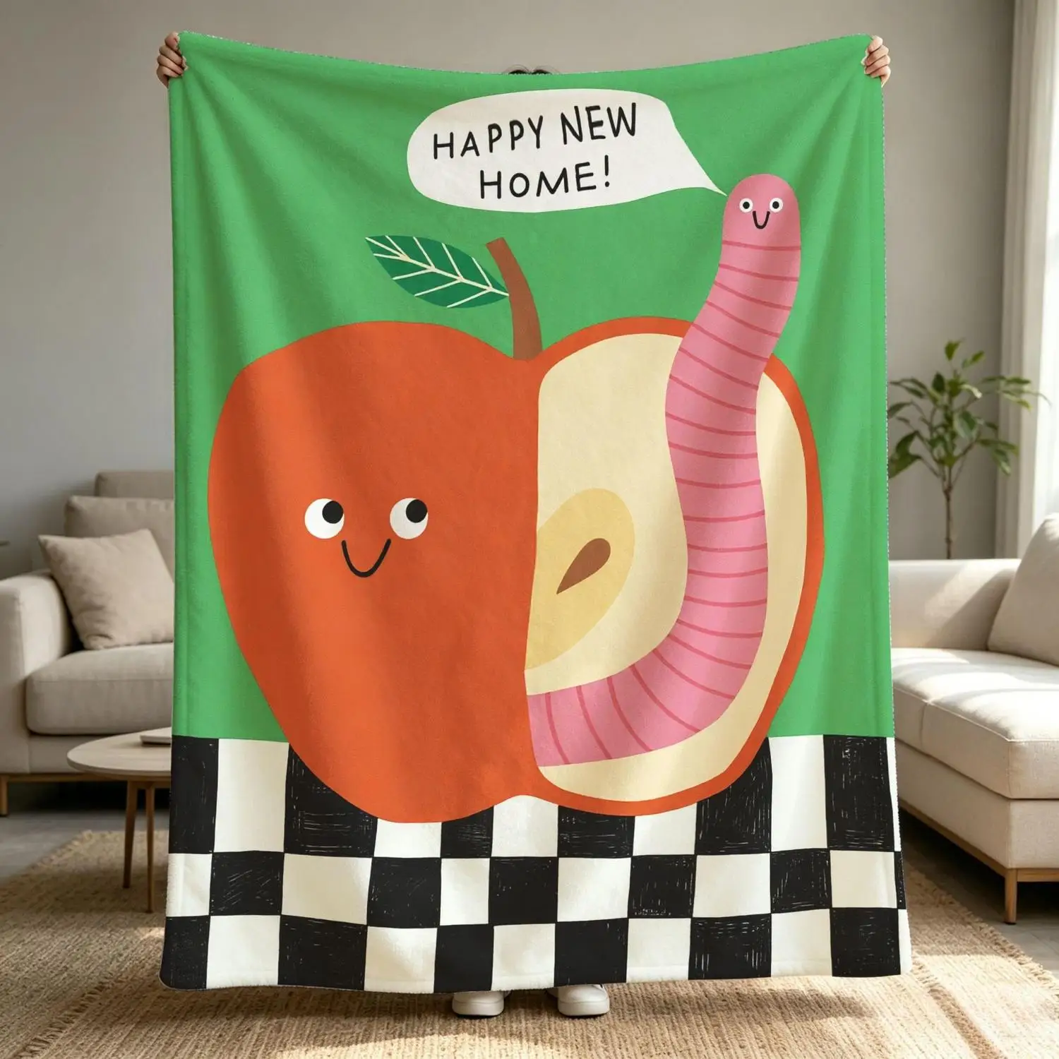[Flannel Blanket] Happy Moving to a New Home Blanket Apple Bug Pattern Comfortable Green Cartoon Housewarming Decoration