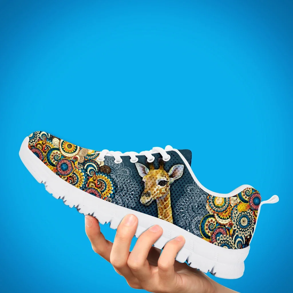 Bohemian Style Lace-up Shoes Cartoon Giraffe Print White Platform Sneakers Comfortable And Breathable Summer Shoes