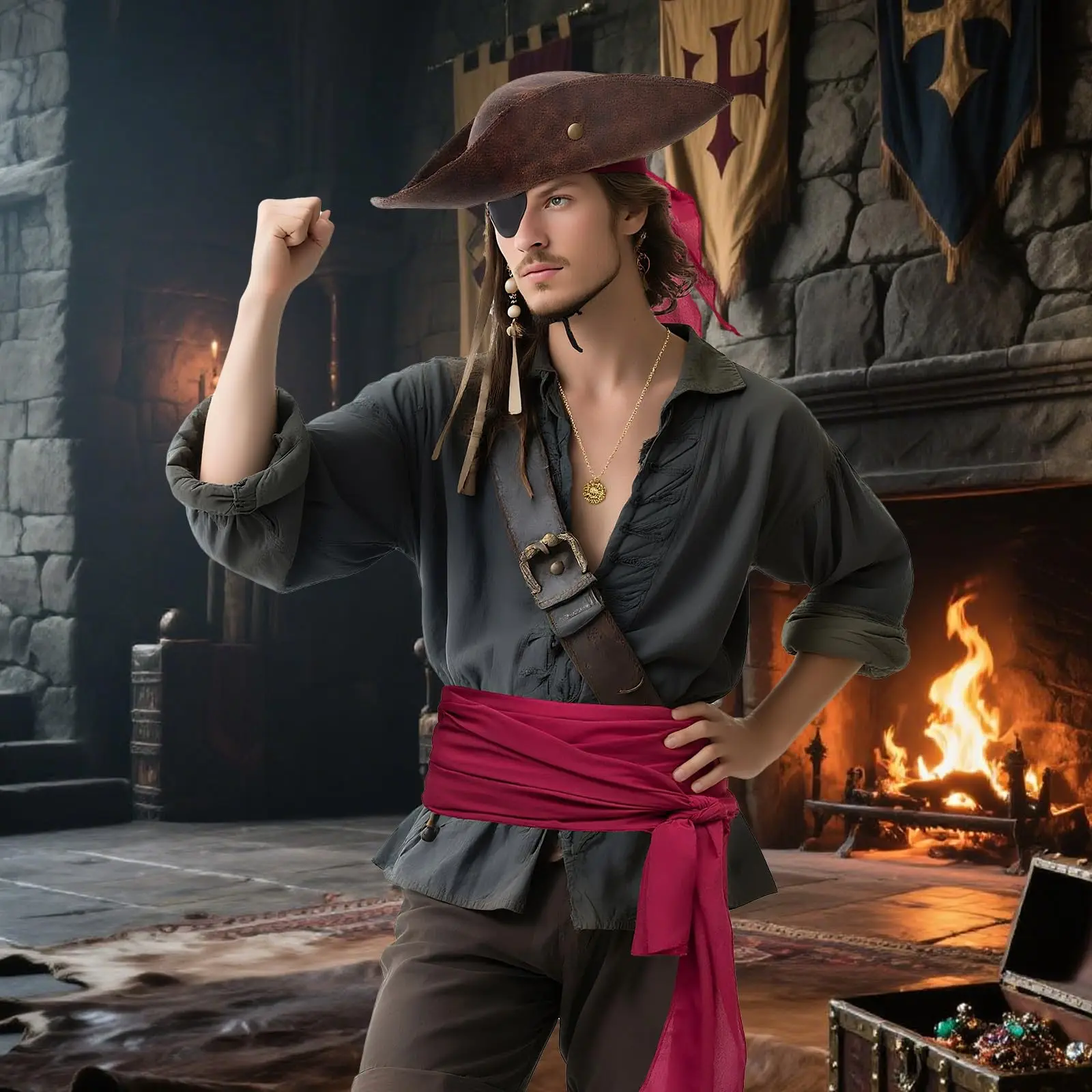 หมวกโจรสลัด ผู้หญิง ผู้ชาย หมวกทรงสามเหลี่ยม หนังเทียม หมวกคอสตูมโจรสลัด ฮาโลวีน คอสเพลย์ อุปกรณ์เสริมสำหรับผู้ใหญ่ ไม่รวมเสื้อผ้า