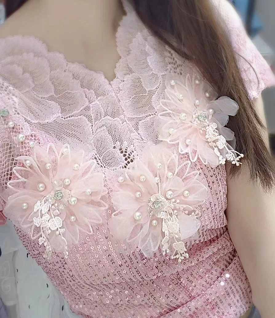Luxury Beaded Tassels Stitch Pink Lace Sequined T Shirts For Women 2024 Summer Short Sleeve Tops Tees Tshirts Woman Clothing