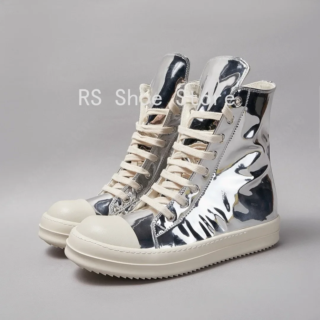 

Ro Men Shoe Silver Leather Mirror Surface High Top Shoe Lace Up Women Sneaker Casual Sneakers Classic Design Zip Cowhide Boots