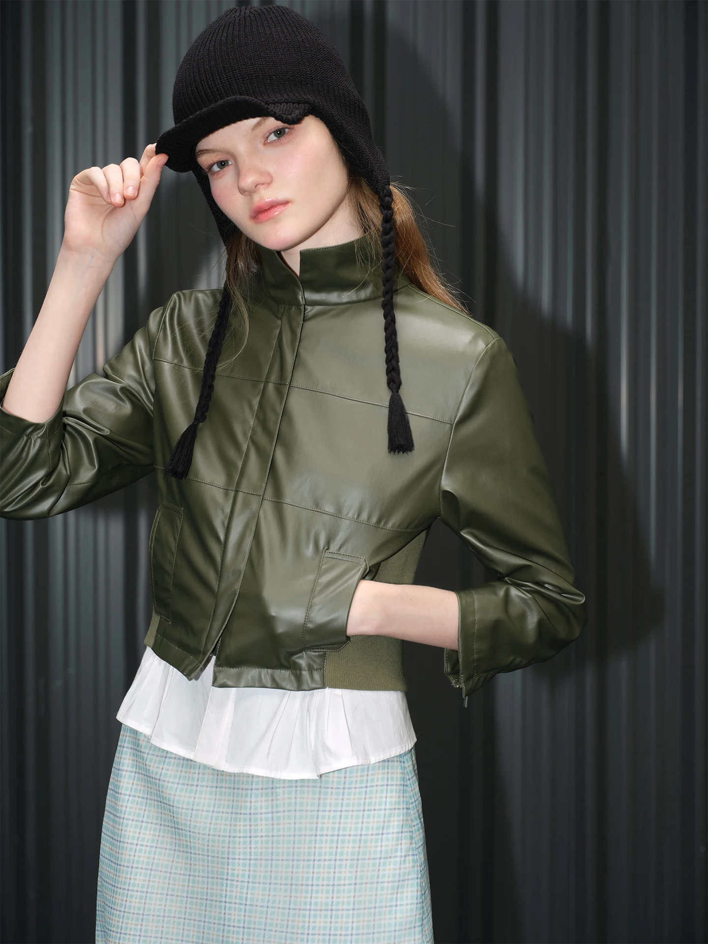 

Huiqing ort Leather Jaet Women's Spring 2026 Vintage oulder High Faion Street Sle Long Sve Zipper Closure Anti-Wind