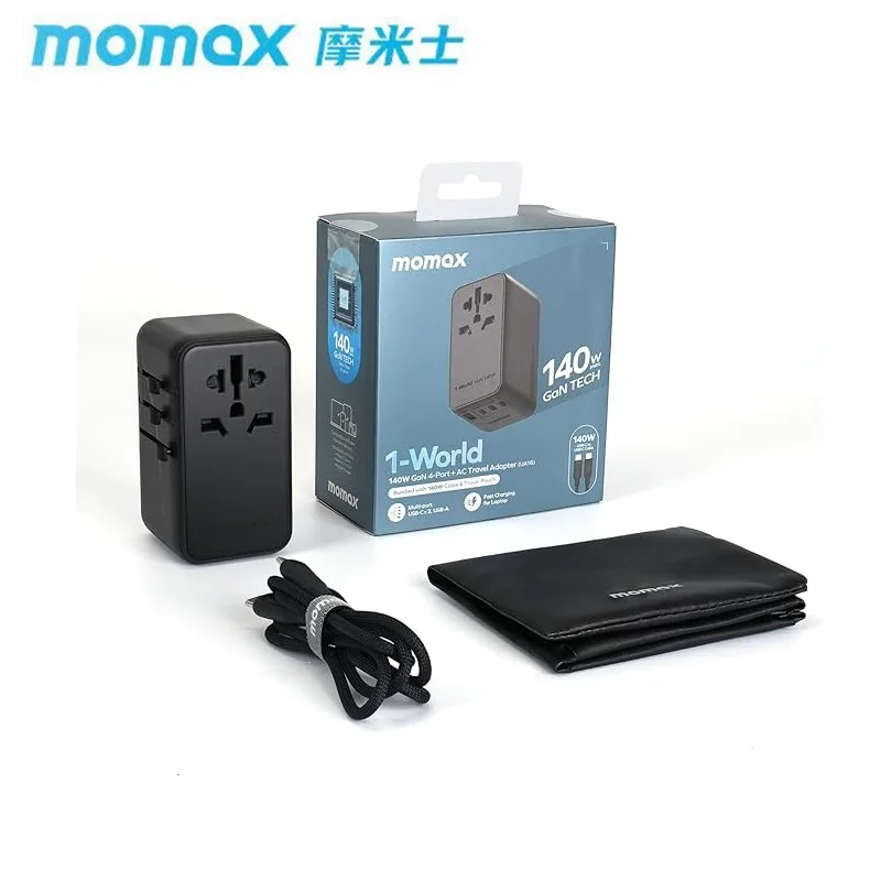 MOMAX Universal Power Adapter 140W Fast GaN السفر التوصيل USB-C Travel Plug 여행 플러그 US UK EU AU Charger for Laptops Tablets