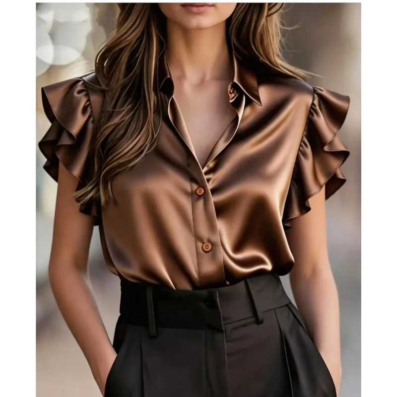 

Женские летние блузки 2026: Новая элегантная офисная рубашка с V-образным вырезом, оборками и коротким рукавом, повседневный свободный топ для женщин в уличном стиле