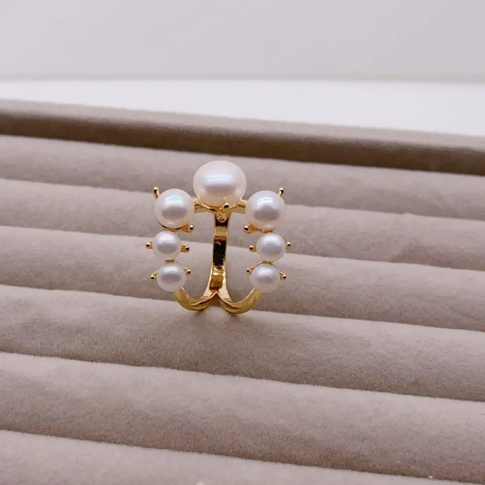 Y·YING خاتم لؤلؤ أبيض مثقف للمياه العذبة مطلي بالذهب الأصفر مجوهرات نسائية لحفلات الزفاف