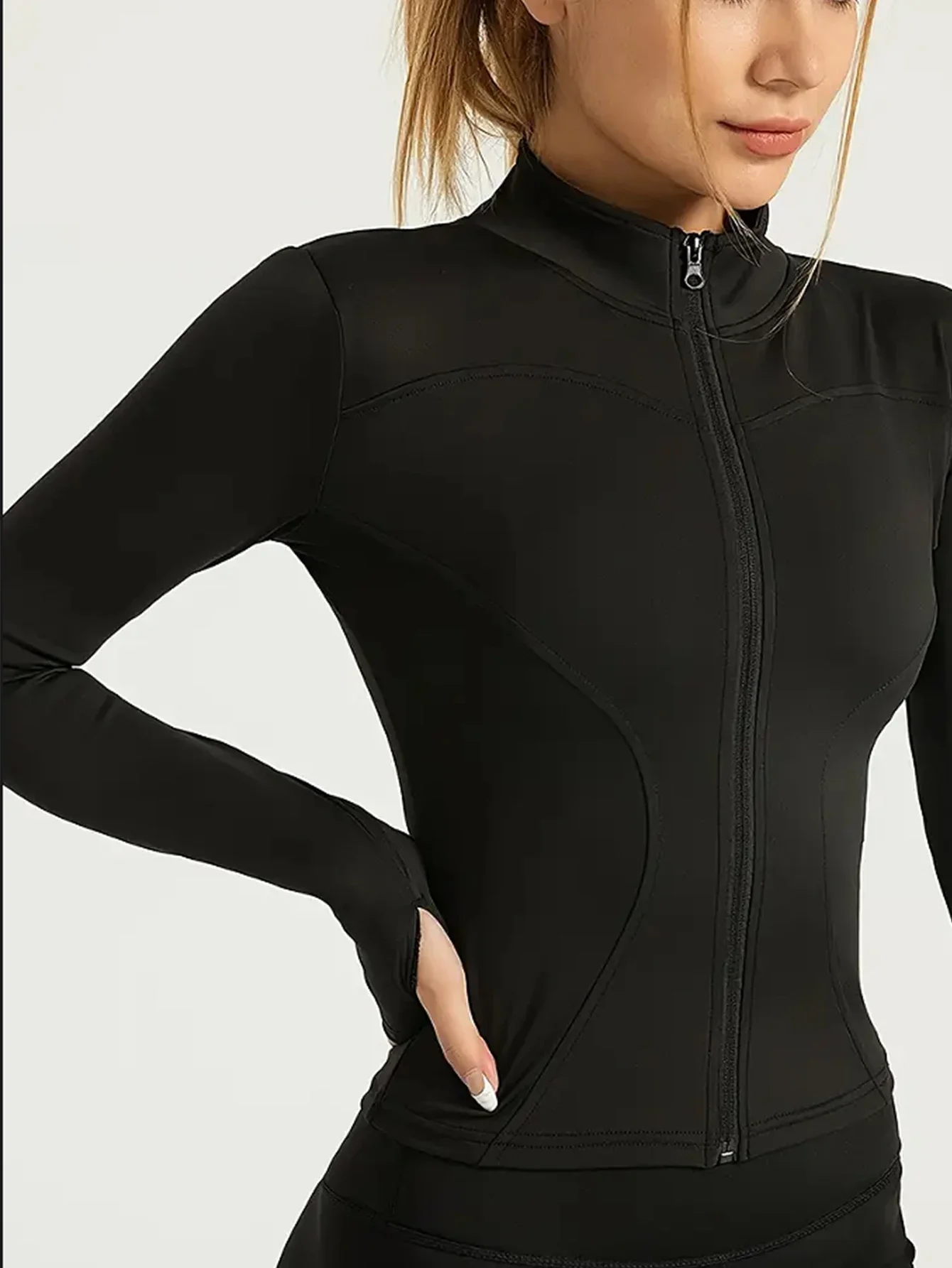 Damen-Fitnessjacke, schmal geschnitten, langärmeliges Yoga-Oberteil, Reißverschluss, Sportjacke, dehnbar, schnelltrocknend, Lauf- und Workout-Oberbekleidung – Detail 17