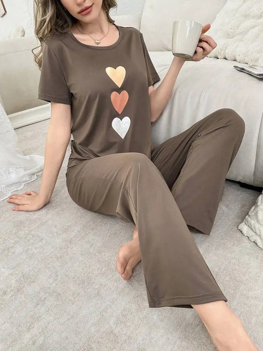 

2pcs Heart Print Pullover Casual Women Pajamas Set Lounge Wear