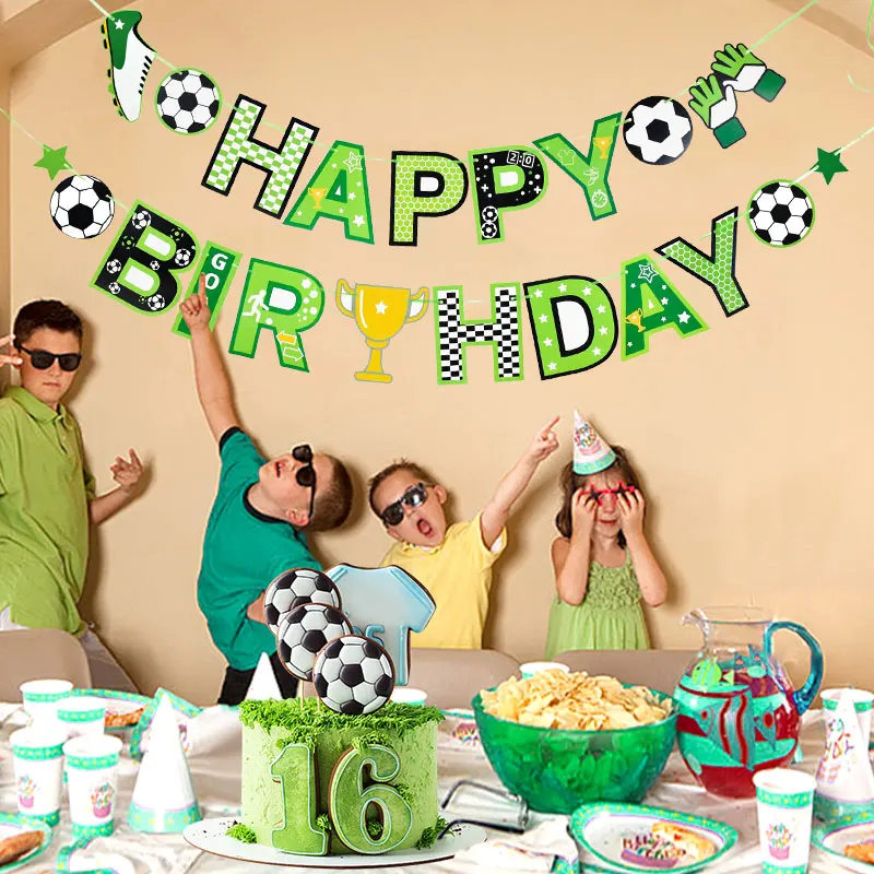 Voetbal Themafeest Gelukkige Verjaardag Banner Slinger Kids Boy Voetbal Verjaardag Versiering Gunsten Cupcake Topper Vlaggen Benodigdheden