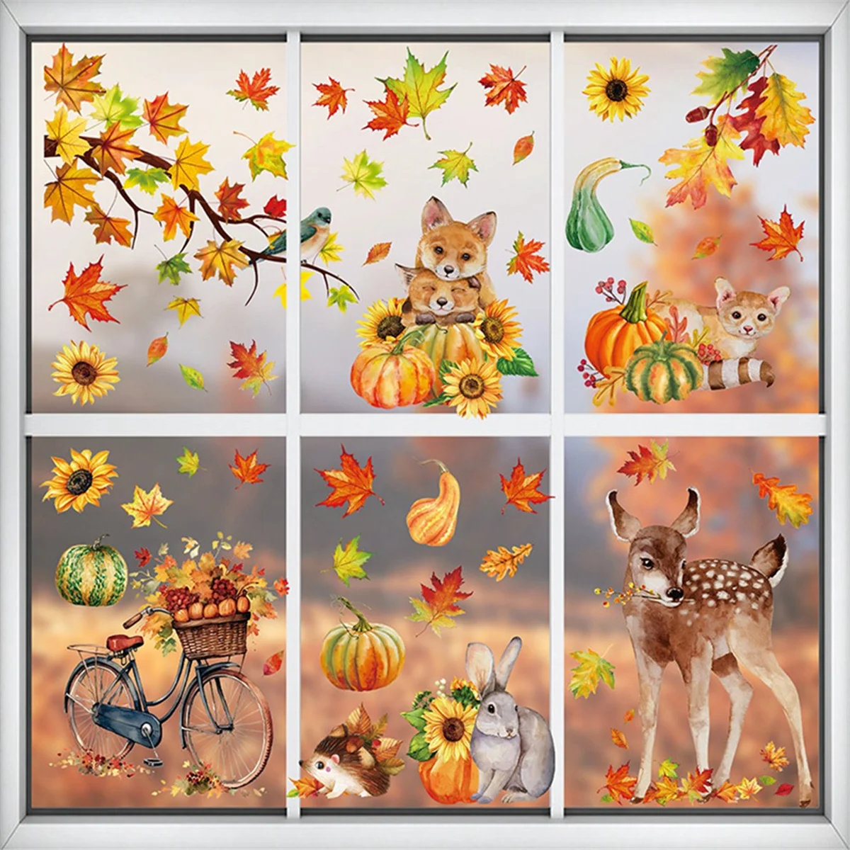 Fall Window Cling Sticker, Thanksgiving Autumn Harvest Animal Pumpkin Leaves for Party Supplies Window Glass Decoration image 6