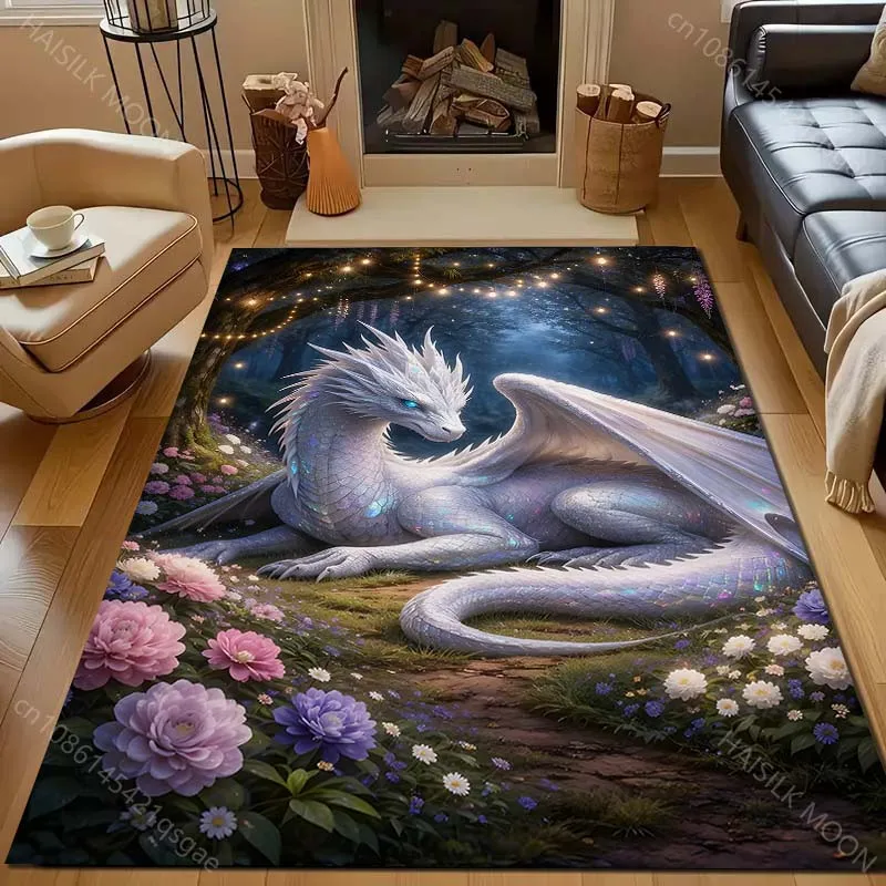 1PC White dragon in floral meadow Carpet for Living Room Bedroom Sofa Home Decor Rus Non-slip Floor Mat Luxury Gift