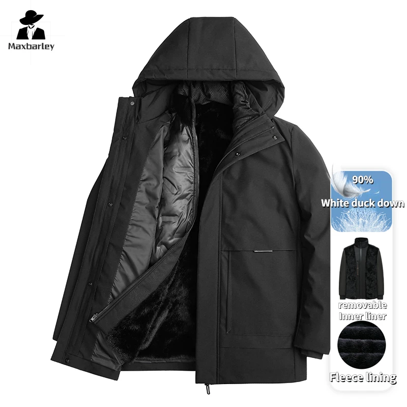 

Winter 90% Down Jacket Men's Luxury Business Detachable Fleece Liner Parkas Korean Style Thick White Duck Down Warm Hooded Coat