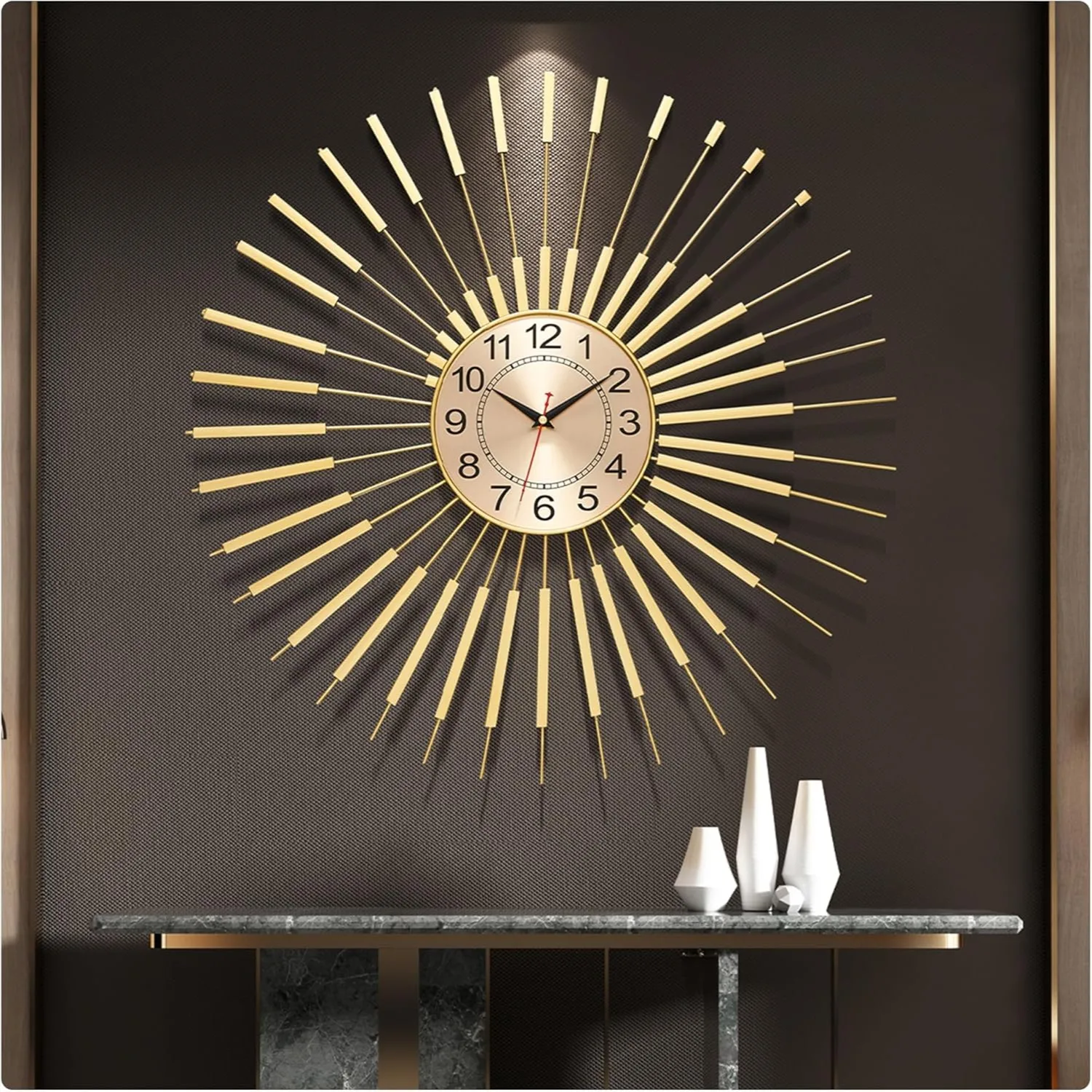 

24 Inch Gold Starburst Wall Clock for Living Room Decor, Silent Non-Ticking Metal Battery Operated, Mid Century Boho Farmhouse