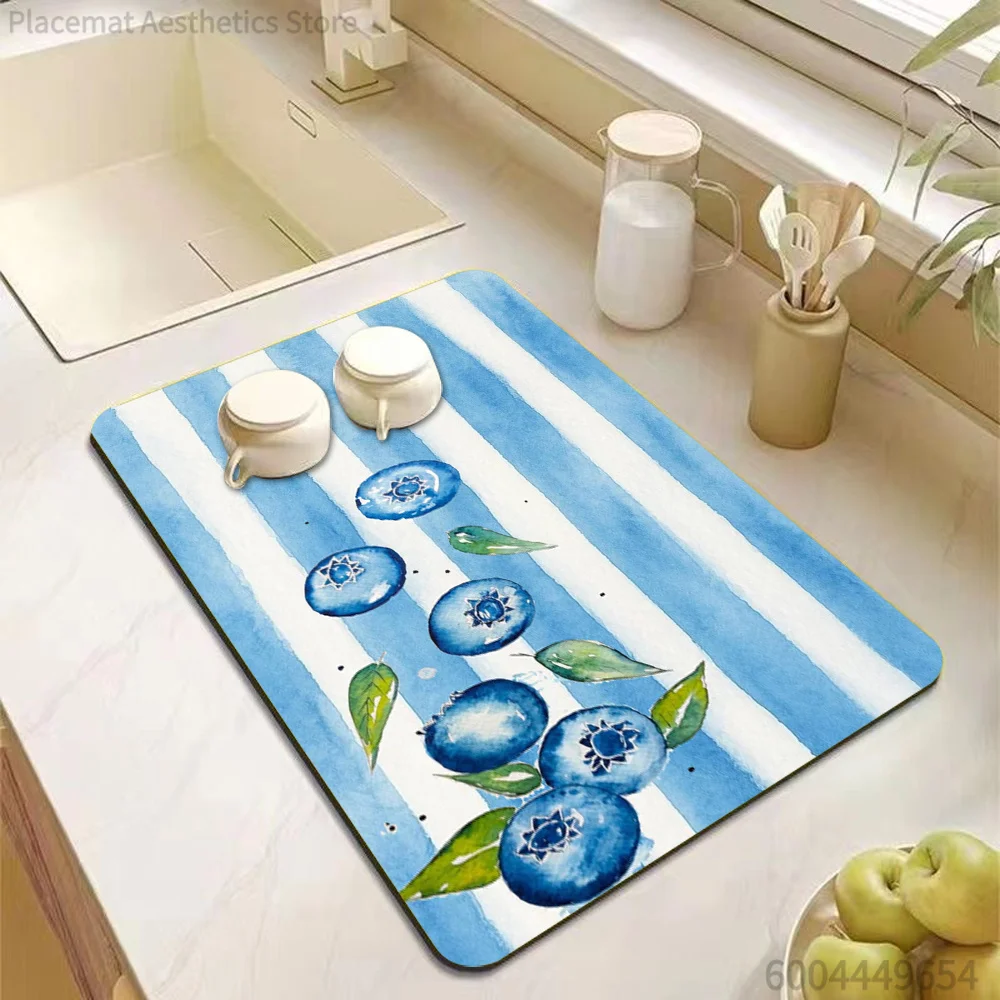 Sweet Fruit Berry Plaid Stripe Art Print Super Absorbent Drying Mat Waterproof Kitchen Counter Drain Pad Decor Placemat