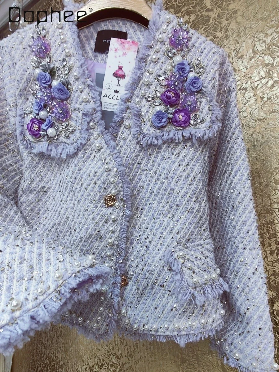 

Luxury Bright Silk Tweed Short Jackets Purple 3d Floral Heavy Industry Beaded V Neck Pearl Short Coats Elegant Ladies Tops