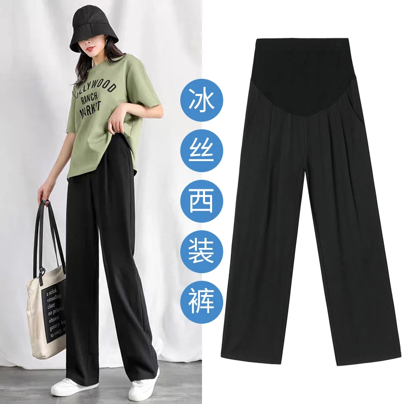 Summer Thin Ice Cool Maternity Long Pants Wide Leg Loose Belly Clothes for Pregnant Women OL Work Pregnancy Trousers