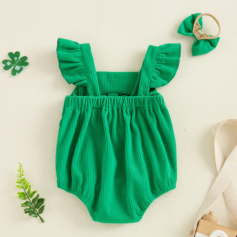 Baby Girl Irish Day Outfit Casual Shamrock Embroidery Flying Sleeve Corduroy Romper and Headband Set