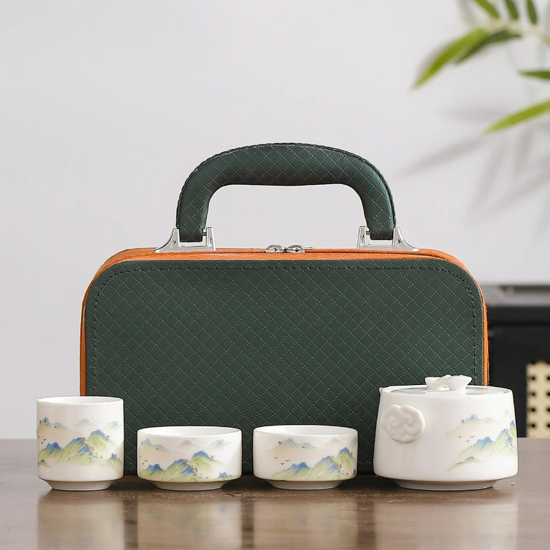 

Chinese Style Portable Travel Ceramic Tea Set Outdoor Camping Dry Brew Tea Table Kung Fu Teapot Teacup Portable Bag Gift Box
