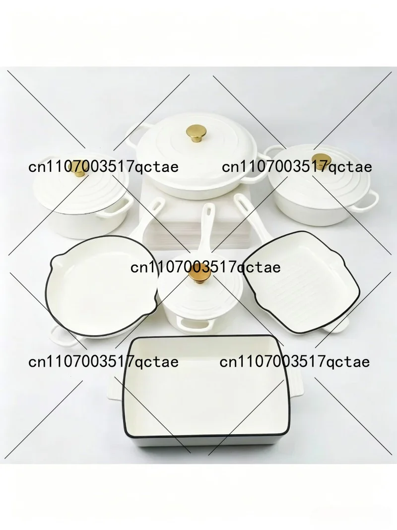 Cast Iron Enamel Cookware Set 7-Piece Pot Combo Stew Pot Soup Pan Frying Skillet Saucepan Kitchen