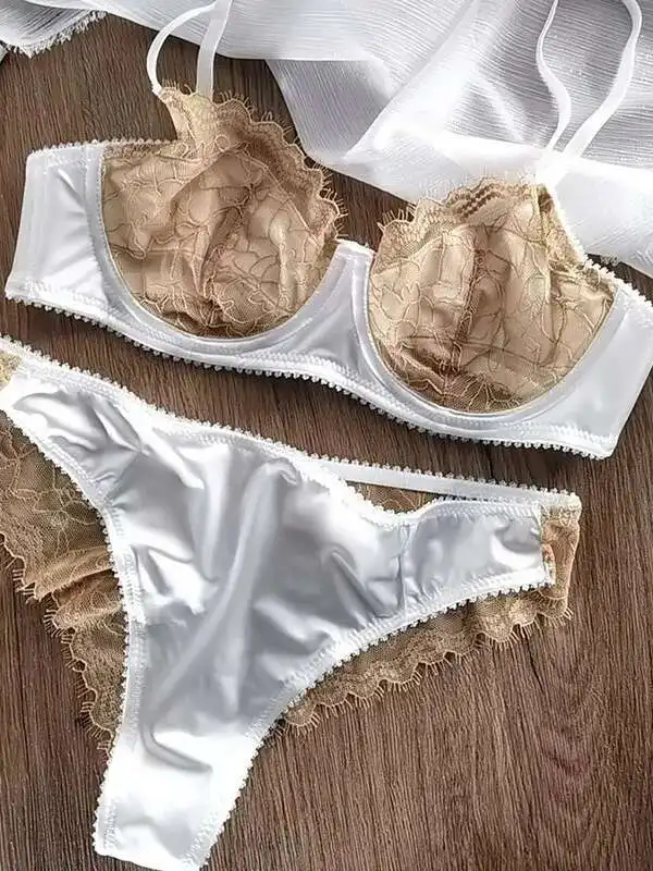 Kleur splitsen Bloemborduurwerk Ultradunne Franse beha Kant Ruglooze Diepe V-bretels Mouwloze bikini Charmant Casual N4QH