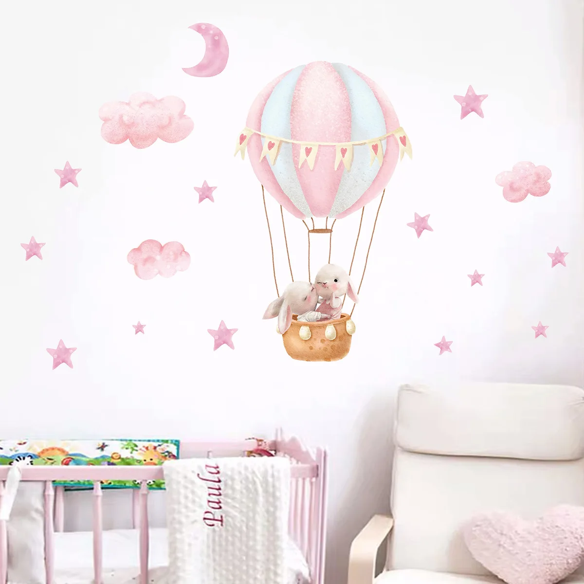 Cartoon Cute Rabbit Pink Balloon Clouds Wall Stickers for Kids Room Decor Children's Living Room