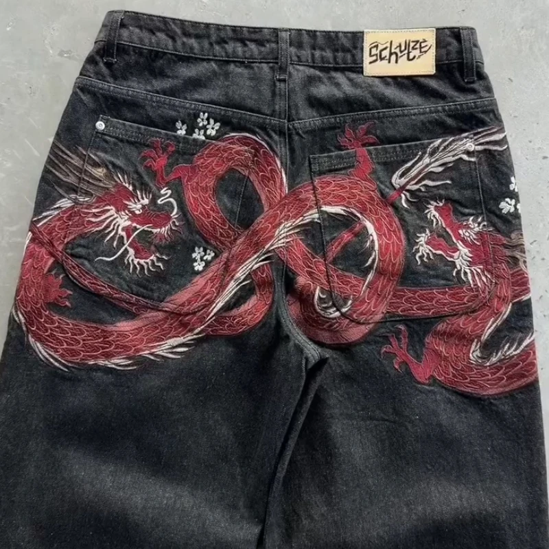 Y2K原宿ジーンズ 新ドラゴン刺繍 高品質ジーンズ 2000年代 ゴシック ヴィンテージ ヒップホップ ストリートウェア デニム生地 ワイドレッグパンツ