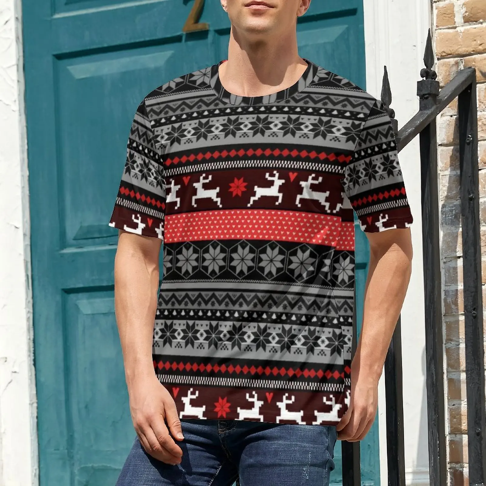 Nordic Animal T Shirt Male Red Fair Isle Custom O Neck T-Shirts Original Trending Tops Short-Sleeved Classic Oversized Tee Shirt