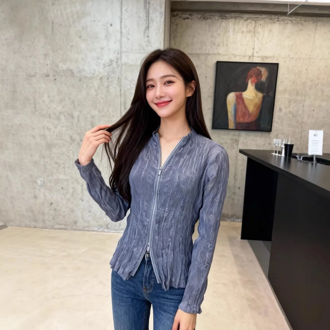 

Miyake Pleated 2026 New Spring and Summer Wicker Pleated Clothes Temperament Elegant Japanese Style Zipper Pleated Tops Pleats