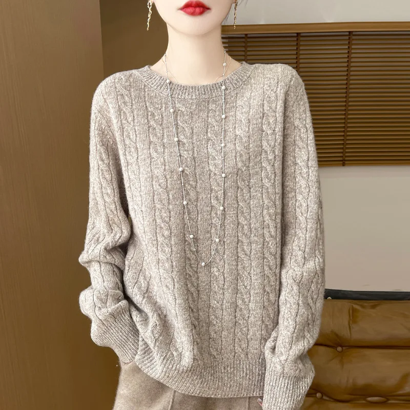 Wool Double-Strand Thickened Twist round Neck All-Matching Knitwear Top Korean Style Loose Slimming Women's Pullover