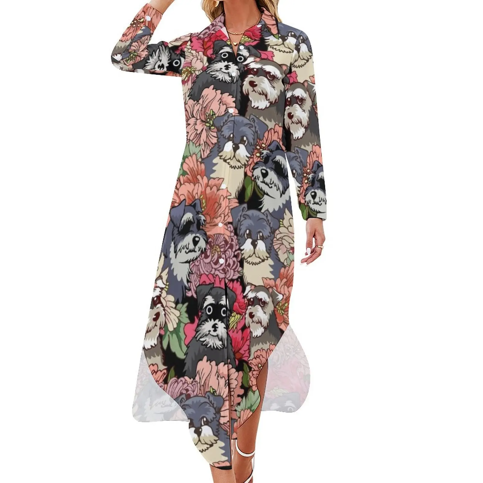 

BECAUSE SCHNAUZERS Long Sleeved Shirt Dress evening dress Long dress woman chic and elegant evening