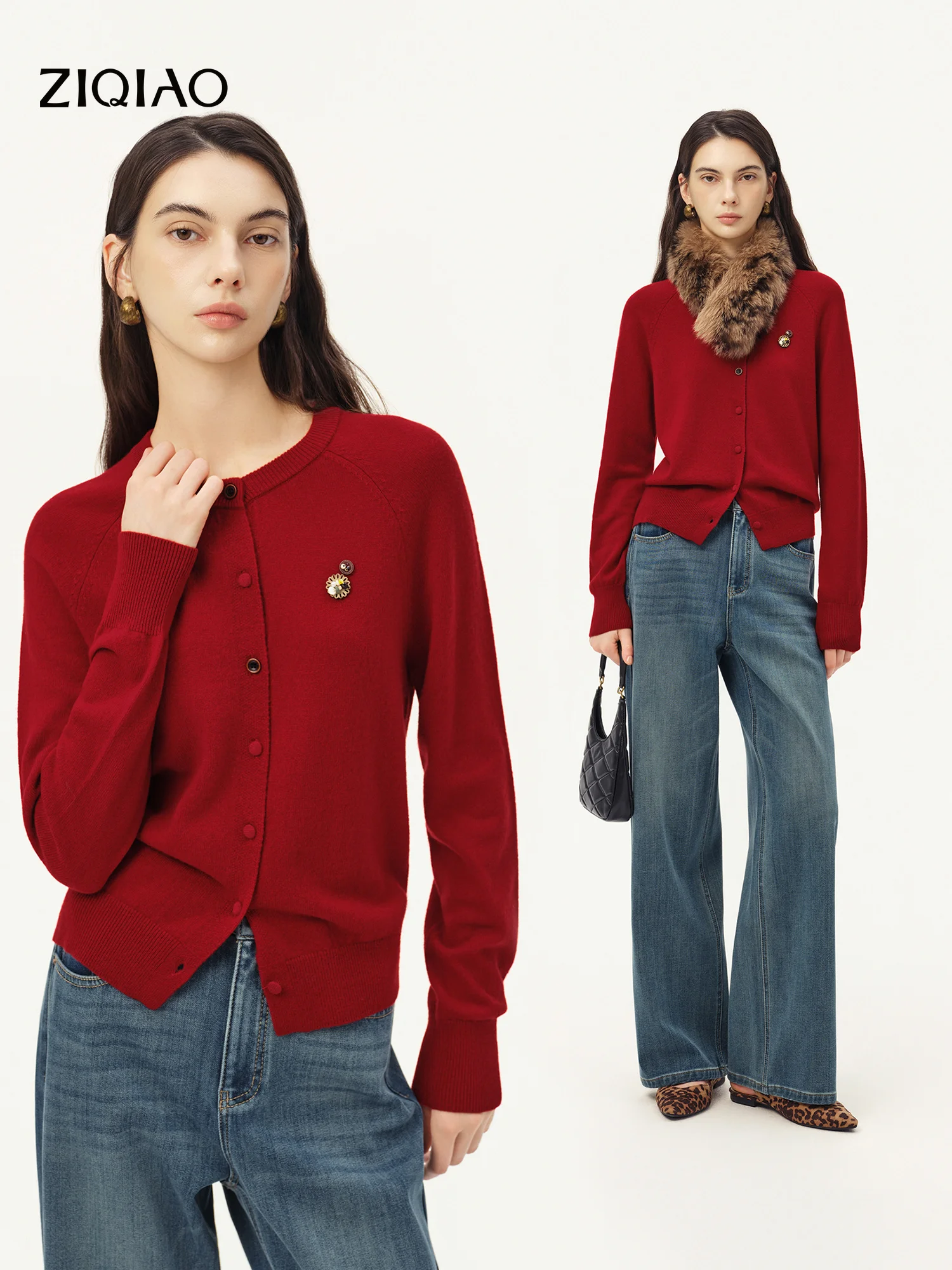 ZIQIAO Red Crew Neck Wool Knit Cardigan Button Front Long Sleeve Warm Soft Sweater Elegant Office Casual Commute Layer Knitwear