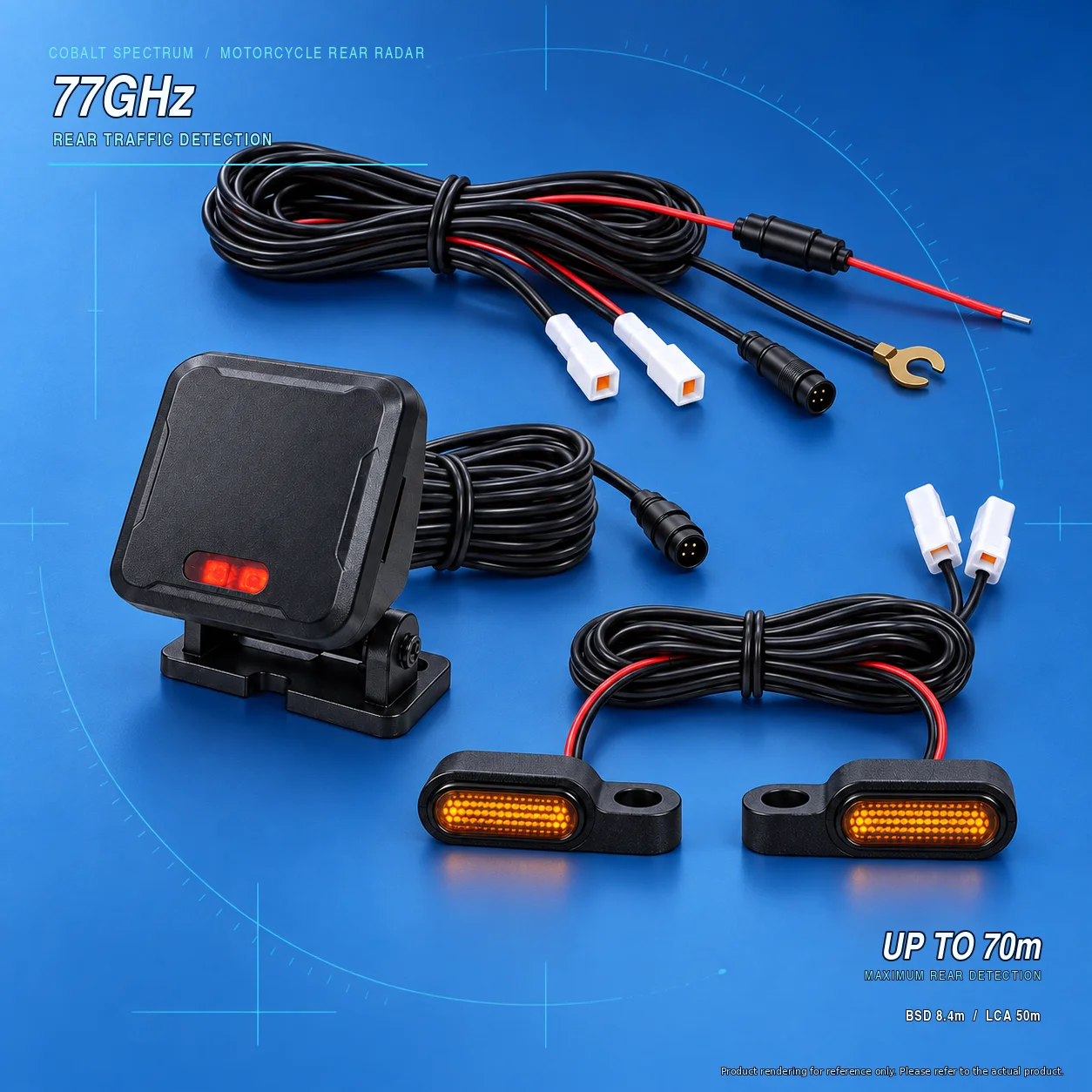 Motorcycle Rear Traffic Warning Radar with BSD 8.4m, LCA 50m and Dual Amber Mirror-Stalk Indicators