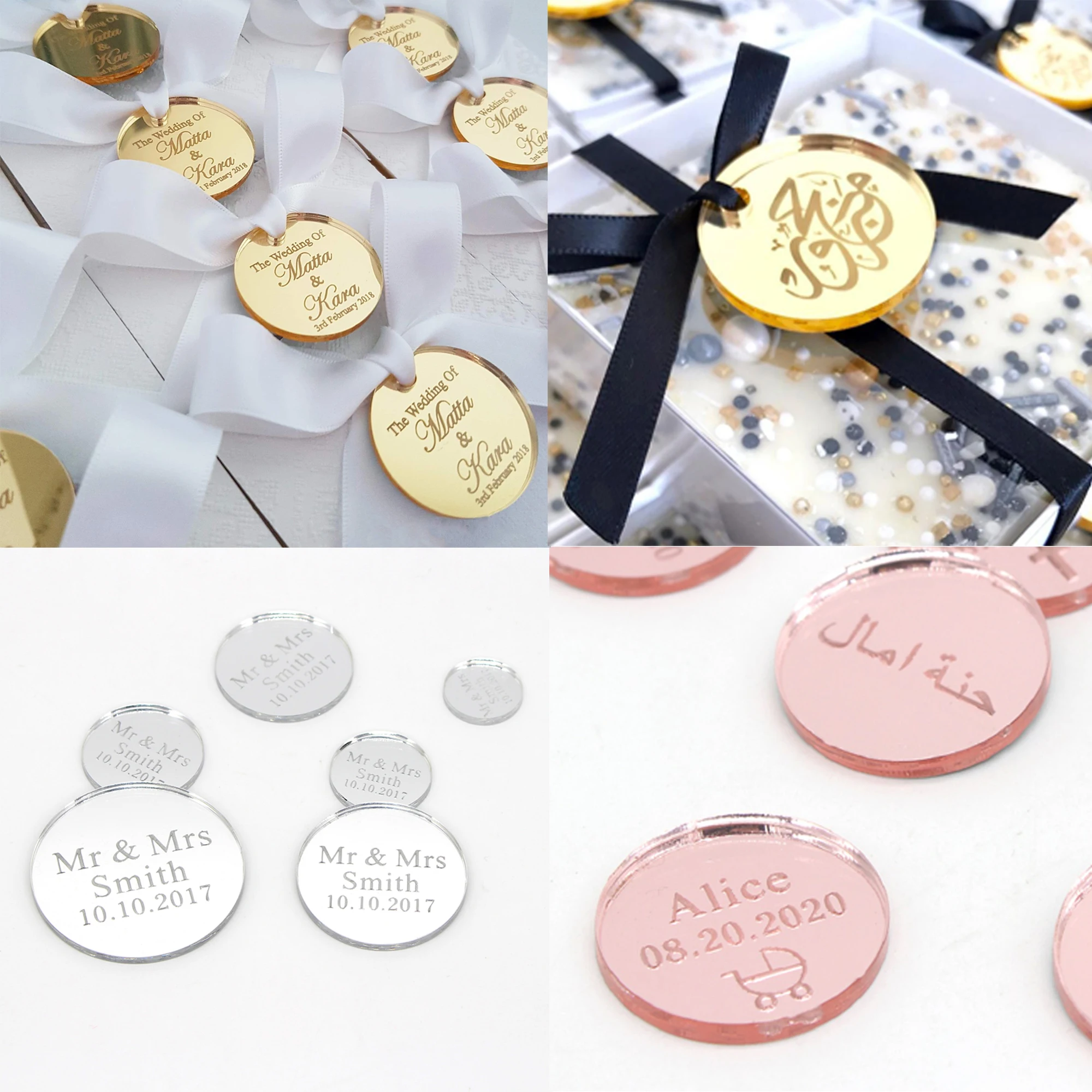 30/50/100 Stück personalisierte Namenstaufe Acryl Gold/Silber Tag rund Hochzeit und Verlobung Party Tischdekoration individuelle Geschenke