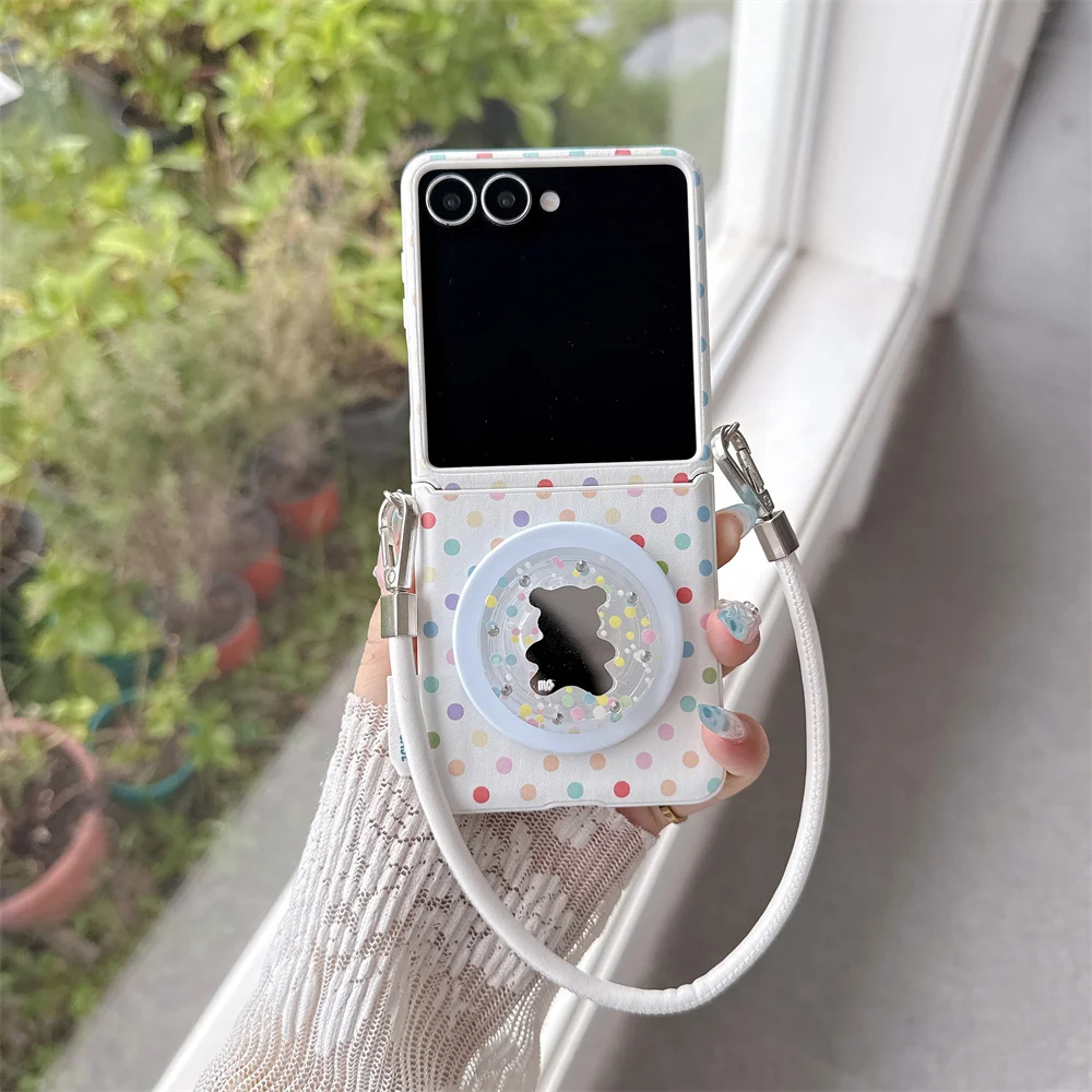 Cute Colorful Polka Dot Magnetic Phone Case for Samsung Galaxy Z Flip 3 4 5 6 7 8 Cover For Magsafe Bear Stand Hand Strap