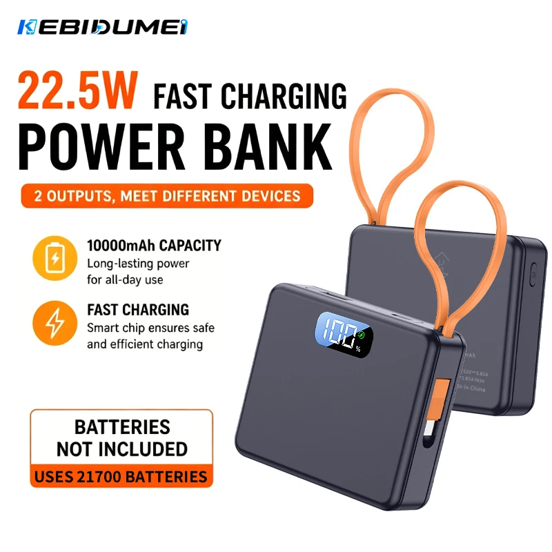 KEBIDUMEI 22.5W Fast Charge Power Bank Case 2x21700 Solderless DIY Battery Box USB Type C PD3.0 Shell With Charging Cable