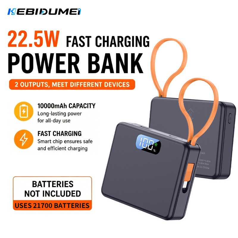 KEBIDUMEI 22.5W Fast Charge Power Bank Case 2x21700 Solderless DIY Battery Box USB Type C PD3.0 Shell With Charging Cable